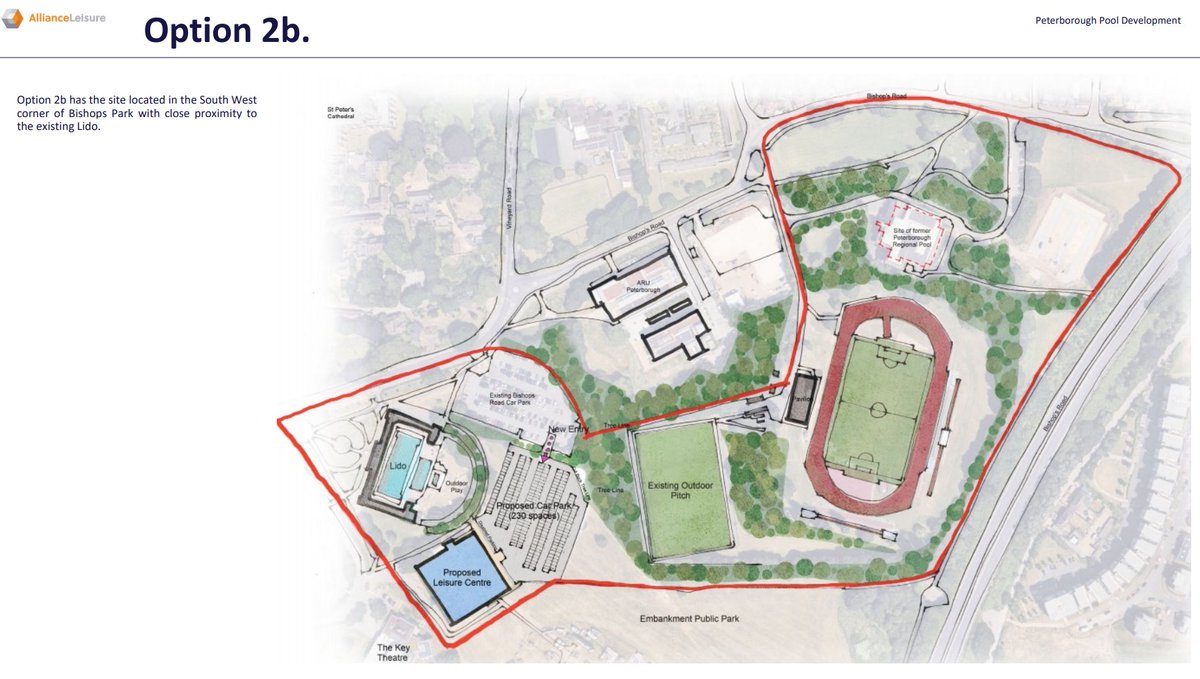 The proposed plans for the location of the new leisure facility to replace the regional pool.
Option 1 - located in the North East corner of the Bishops Park site.
Option 2 - located in the South West corner of Bishops Park with close proximity to the existing Lido.
