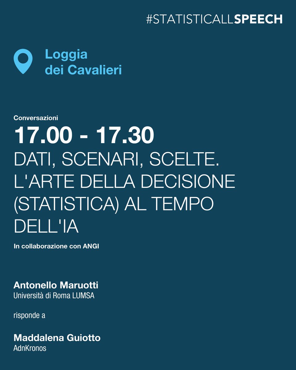 istat_it's tweet photo. #StatisticAllSpeech | Sabato 18 ottobre  💬
Un pomeriggio di confronti e conversazioni alla Loggia dei Cavalieri.

Scopri tutti gli appuntamenti 👉 https://t.co/a8EtwhKDgd 📌

#StatisticAll #FestivaldellaStatisticaedellaDemografia https://t.co/AWwORYXJqP