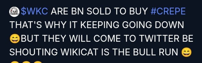 highway_edu's tweet photo. Stop selling ur WiKi CAT coin  for CREPE...WKC is the bull run https://t.co/HjDnTEBD8H