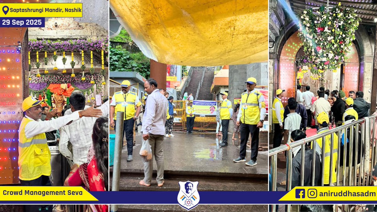 aniruddhasadm's tweet photo. The maiden Navratri Seva day at Shree Saptshrungi Gad, Vani, Nashik, on 29th Sept 2025, witnessed a heartfelt participation of 73 #DMVs from Aniruddha's Academy of Disaster Management, who dedicated themselves to crowd management seva.
#NavratriSeva #AADM # SaptshrungiGadVaniNashik