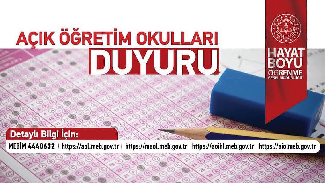 2025-2026 Eğitim Öğretim Yılı 1.Dönem Sınavları E-Sınav Randevu Alma İşlemleri Başladı.

Açık Öğretim Ortaokulunda kayıtlı (tutuklu/ hükümlü ve engelli öğrenciler hariç) öğrenciler ile Açık Öğretim Lisesi, Açık Öğretim İmam Hatip Lisesi ve Mesleki Açık Öğretim Lisesi