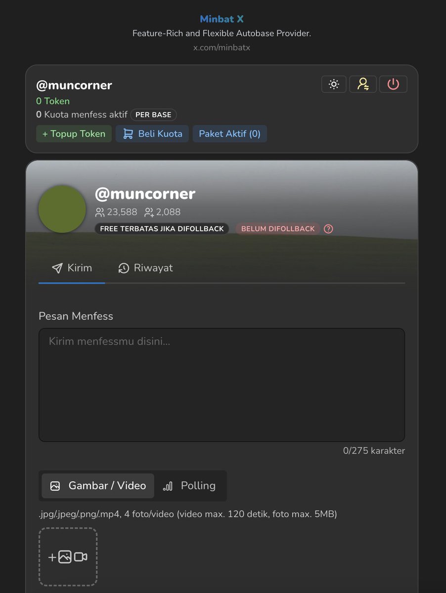 muncorner's tweet image. 📢

You can now get a weekly menfess quota on Minbat! If you haven’t gotten a followback but still want to send menfess, this weekly pass gives you 5 quotas for 7 days for just 71,500 tokens. No more topping up every time. Check it out now at minbat.co/@muncorner!