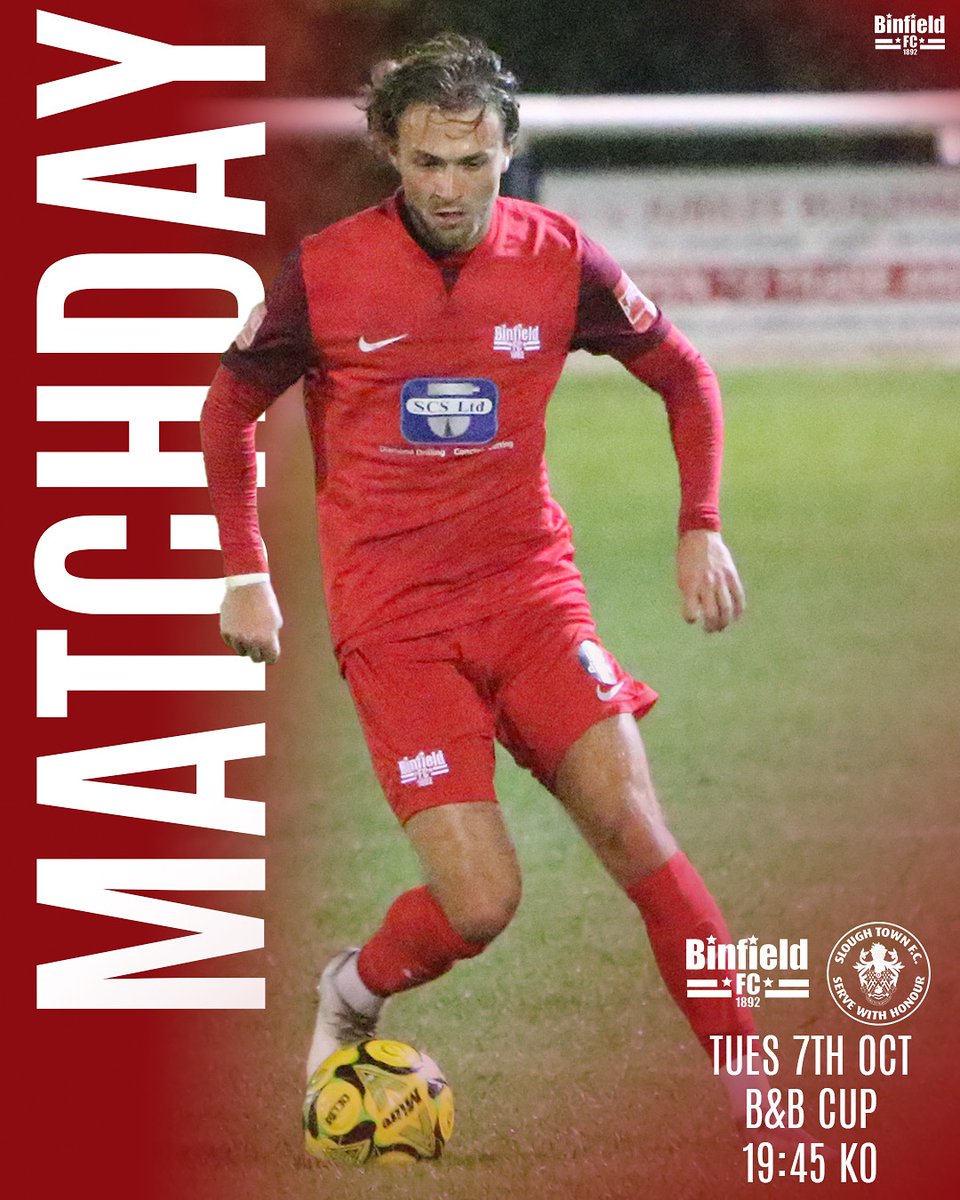 𝓒𝓸𝓾𝓷𝓽𝔂 𝓒𝓾𝓹 𝓐𝓬𝓽𝓲𝓸𝓷

We’re back in action to take on <a href="/sloughtownfc/">Slough Town FC</a> at Hill Farm Lane in the Berks &amp; Berks Cup 🏆

ℝ𝕠𝕦𝕟𝕕 𝟚
🆚 Slough Town
🕒 7:45PM KO
🏆 <a href="/BerksandBucksFA/">Berks & Bucks FA</a> 
🏟️ Hill Farm Lane
🏡 RG42 5NR
🎟️ £10 | £6 Coc | £1 U16s

#BinfieldFC | #BINSLO