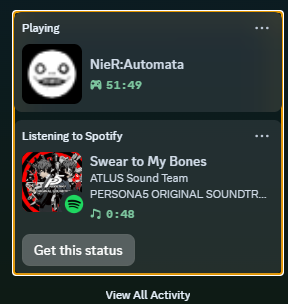 BROTHER YOU ARE LITERALLY ON NIER TURN OFF THE PERSONA 5 OST FOR 5 MINUTES AND LISTEN TO THE ACTUAL GOOD MUSIC CURRENTLY PLAYING THROUGH YOUR INTERACTIVE MEDIA