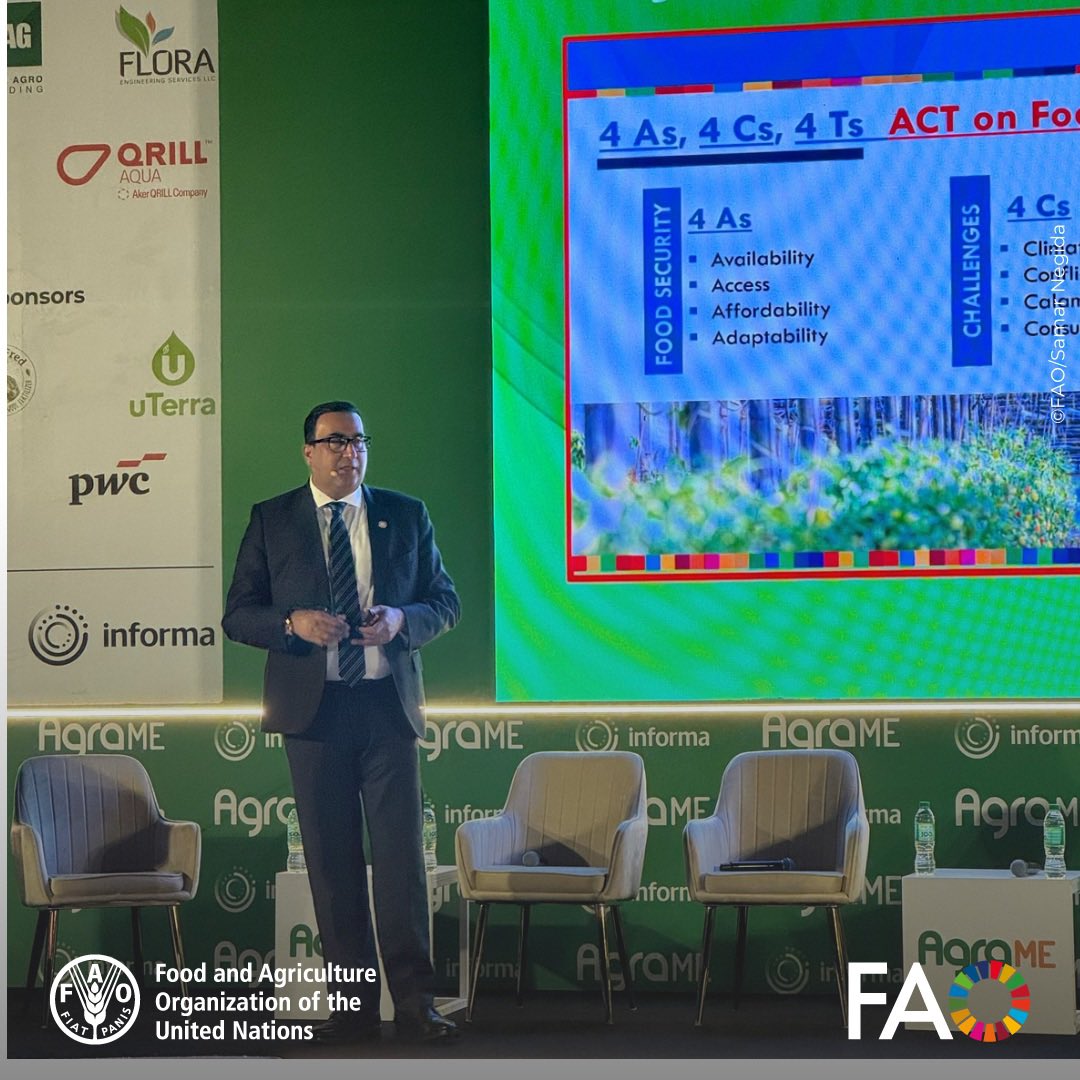 🌱 FAO participation at AgraME 2025 in Dubai, UAE!

Ahmad Mukhtar, FAO Representative ad interim to the UAE, presents on “Food Security in MENA: Today &amp; Tomorrow”, highlighting the pillars of food security at the Future Food Resilience Summit.