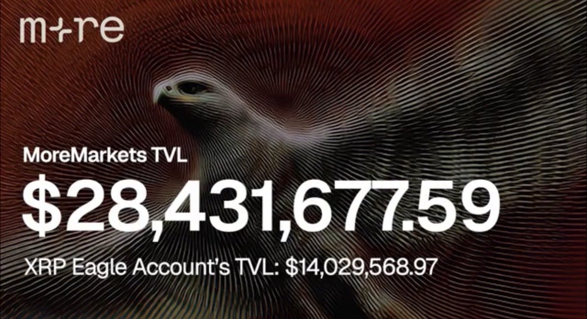 Massive milestone for @MoreMarketsxyz 

The XRP Eagle Account is taking flight 
$14M locked, pushing total TVL to $28.5M.
Real yield, real conviction. 💪

You can still deposit your XRP and earn 3.5% APY.

This is how DeFi grows, strong products, strong community, unstoppable