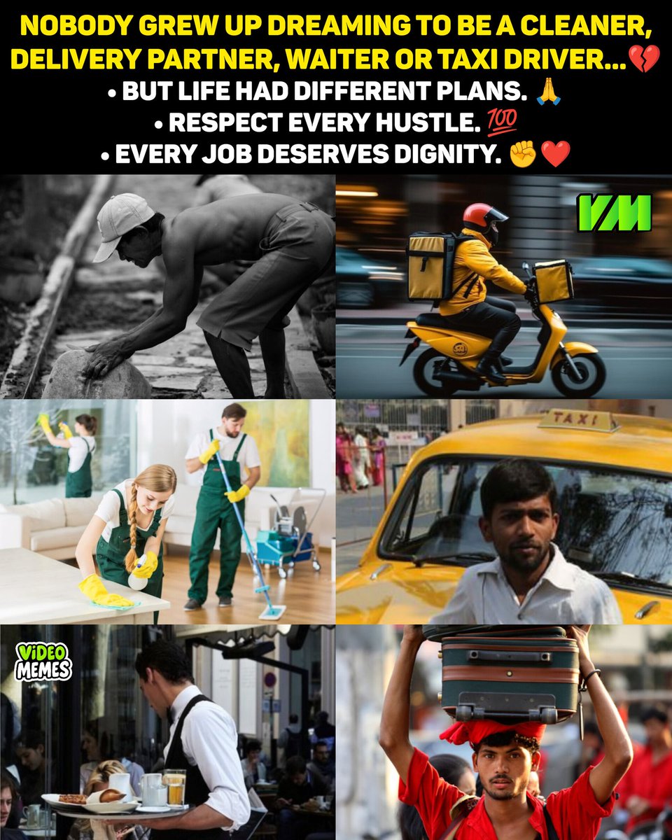 memeschennai's tweet photo. We all had big dreams, but life happened. 🙏
Still, every job puts food on the table. 🍞
Respect every hustle, respect every worker. ❤️💯

#RespectEveryone #EveryJobMatters #HardWorkPays #RealityOfLife #StayHumble https://t.co/JO9OFvDTLK