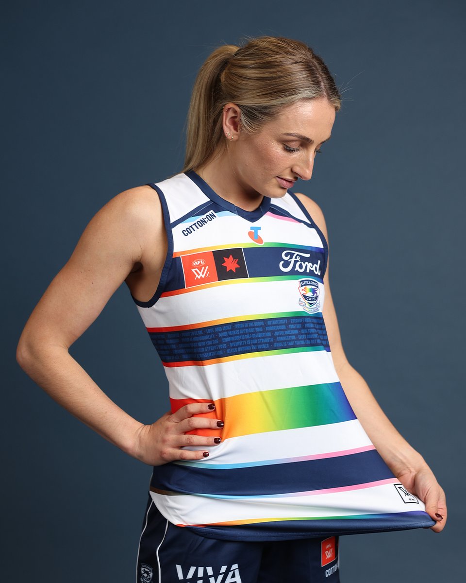 catswomens's tweet photo. Geelong’s words of Pride continue in the 2025 AFLW Pride Guernsey.

Personal connections to Pride are front and centre of Geelong Cats’ 2025 Pride Guernsey, which will be worn in Saturday’s Clash with GWS at GMHBA Stadium. Get your tickets now! 

📖 https://t.co/feefhhWbL6 https://t.co/9xoBnMbf8P