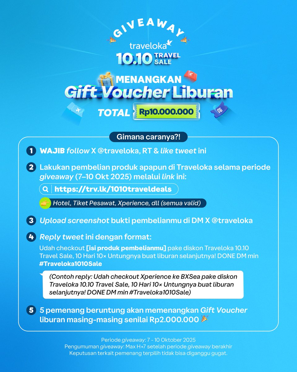 🎁 GIVEAWAY TOTAL 10 JUTA!
Mau bagi-bagi yang 10x untungnya dari #Traveloka1010Sale

Cara ikutan:
∙ WAJIB ikuti semua syarat di foto ini
∙ Reply dan checkout produk apapun dari link ini: trv.lk/1010traveldeals
∙ Jangan lupa DM mimin bukti pembelianmu!

Good luck 😉