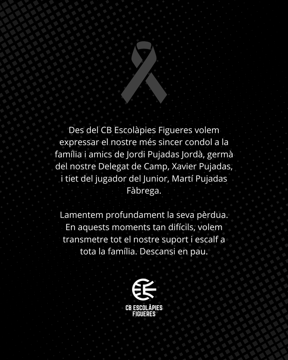 El nostre més sincer condol a la família i amics de Jordi Pujadas Jordà.

Lamentem profundament la seva pèrdua. En aquests moments tan difícils, volem transmetre tot el nostre suport i escalf a tota la família. 

Descansi en pau.