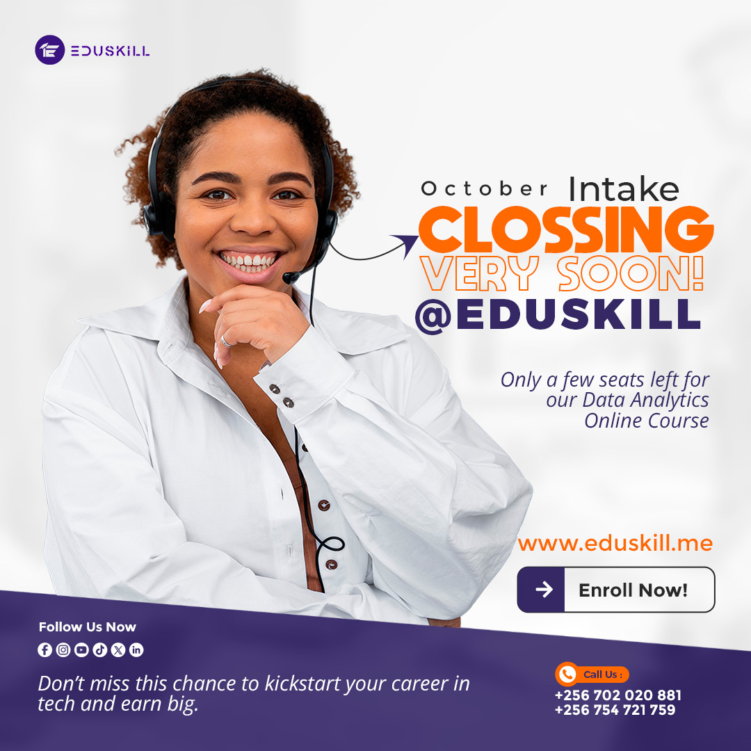 Eduskill_ug's tweet image. October Intake Closing Soon!
Only a few seats left for our Data Analytics program! 
Don’t miss out on the chance to upskill, advance your career &amp;amp; become data-savvy.
Enroll Today!  eduskill.me or Call +256789465448
#DataAnalytics #SkillUpWithEduSkill #LearnSmart