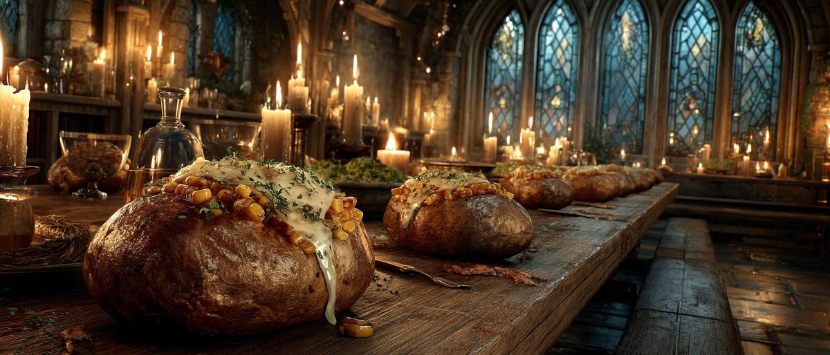 hina23x's tweet photo. #AI秋のイモ祭り
「The Last Supper of Jacket Potatoes」
God gave us not bread, but potatoes.
Butter melts, corn prays, cheese saves.
神はパンではなく、芋を与えたもうた。
バターが溶け、コーンが祈り、チーズが救う。
#AIart #FoodArt #JacketPotato #AutumnAI https://t.co/3mmgLJhCdm