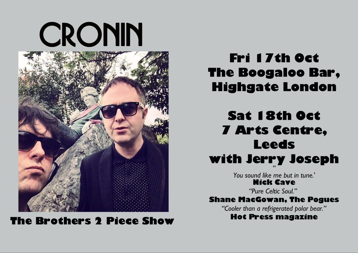 Next week <a href="/miccronin/">Michael Cronin</a> <a href="/CroninJohnny/">Johnny Cronin</a> bring their 2 piece #justthebrothers show to #boogaloobar <a href="/boogaloo_radio/">Boogaloo Radio</a> #london on Fri 17th and #7artsleeds on Sat 18th
Tickets here

linktr.ee/LiveTransmissi…
#croninmusic #irishindie #londongigs #leedsgigs