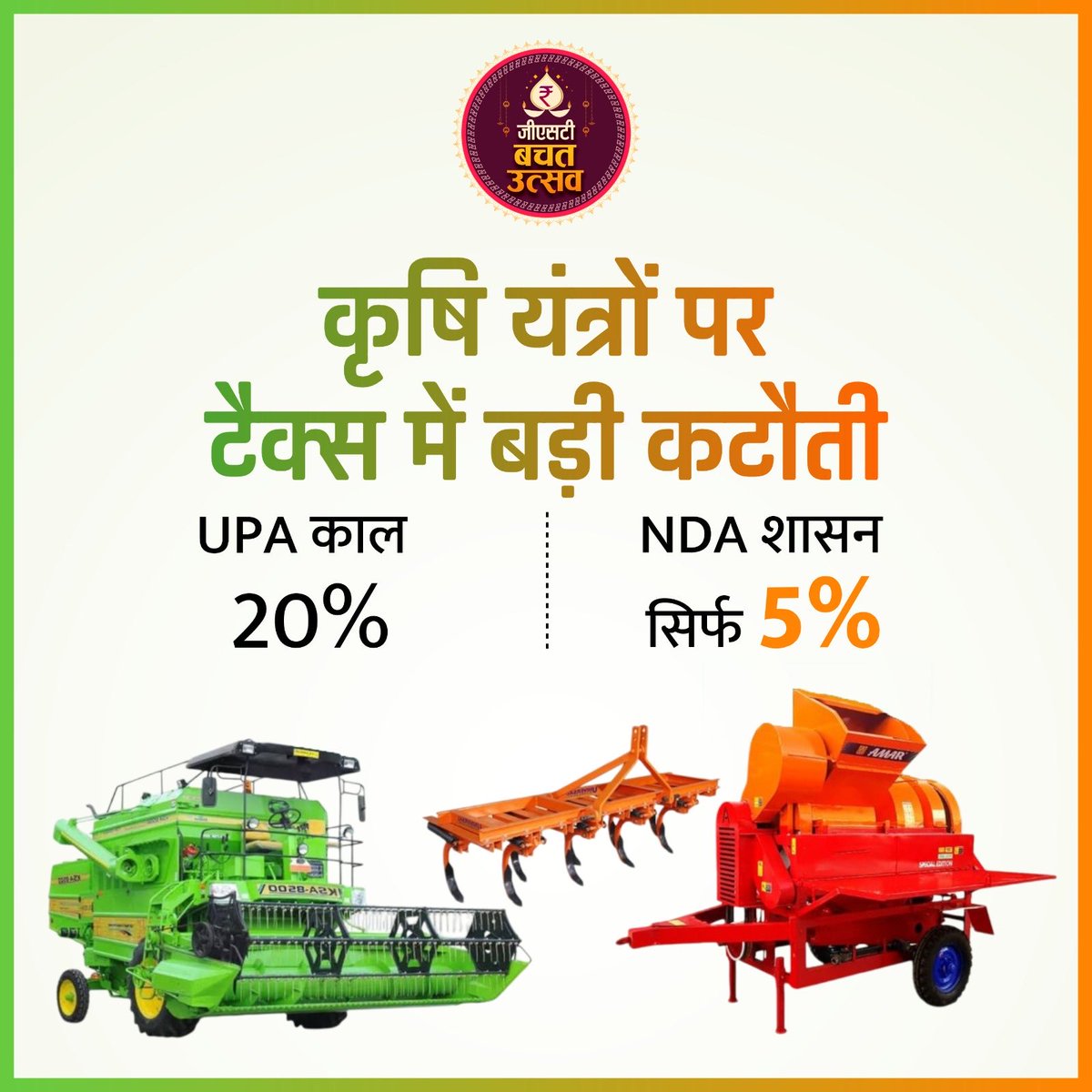 bjpvnsmahanagar's tweet image. कृषि यंत्रों पर टैक्स में बड़ी कटौती
UPA काल: 20%
NDA शासन : सिर्फ 5%
#GSTBachatUtsav #NextGenGST
