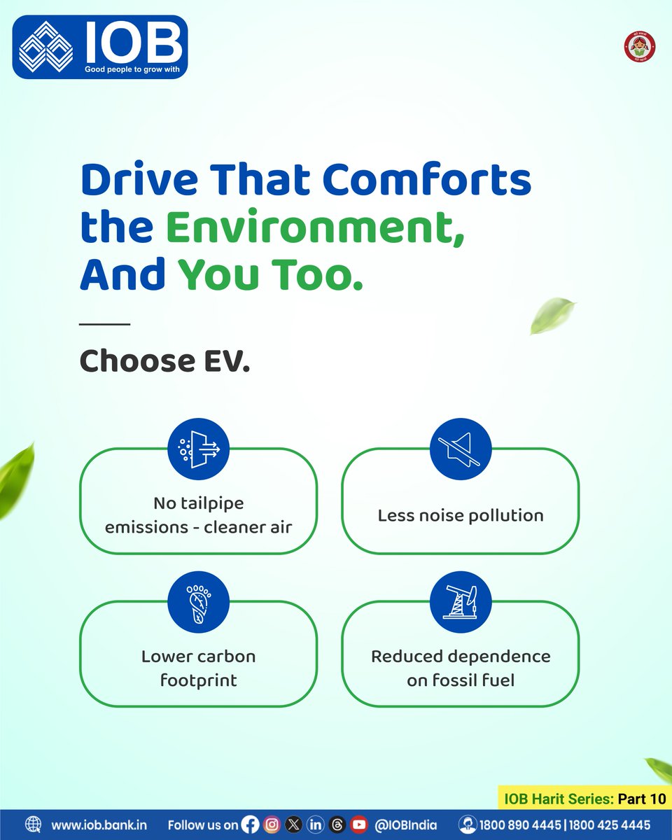 IOBIndia's tweet image. Be part of the future. Switch to EVs.​

Enjoy 100% concession on EV loans—for both two- and four-wheelers. To avail this offer, open an IOB Eco-Saving Account today.​​

For more details, visit: iob.in/IOB-Eco-Saving…​

#GoElectric #GreenIndia #EVRevolution #CleanAir