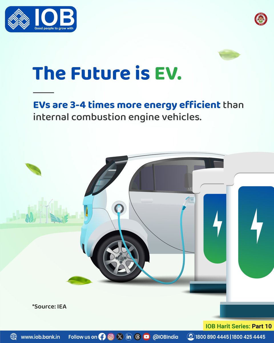 IOBIndia's tweet image. Be part of the future. Switch to EVs.​

Enjoy 100% concession on EV loans—for both two- and four-wheelers. To avail this offer, open an IOB Eco-Saving Account today.​​

For more details, visit: iob.in/IOB-Eco-Saving…​

#GoElectric #GreenIndia #EVRevolution #CleanAir