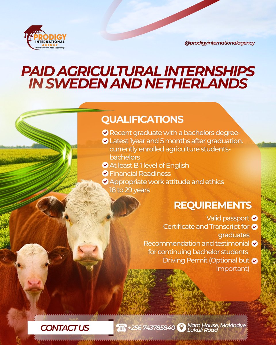 internatio82864's tweet photo. Are you a recent agriculture graduate ?Join us in the Netherlands and Sweden for hands-on agricultural training! 🇳🇱🇸🇪 Gain skills, grow your network, and boost your career.  Visit https://t.co/vOmmWA5w2v and apply now! #prodigyinternationalagency #bixter https://t.co/e3YpeZmfUR