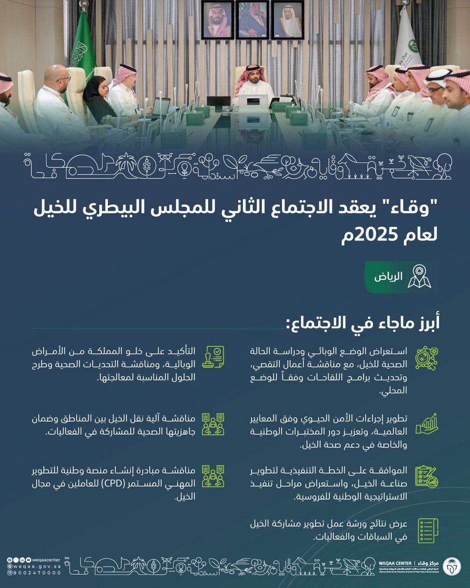 عقد مركز #وقاء الاجتماع الثاني للمجلس البيطري للخيل لعام 2025م، بمشاركة عدد من الجهات المعنية، لمناقشة واستعراض فرص تعزيز استدامة صحة #الخيل بالمملكة.