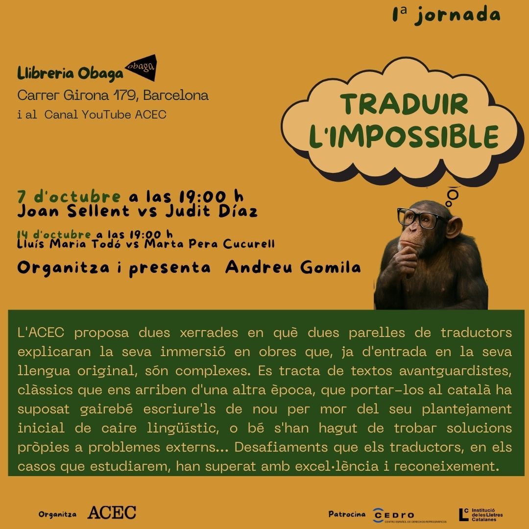 ACEC Escriptors-es (@_acec) on Twitter photo Avui, dimarts 7 d’octubre, a les 19:00 h., comencen a la <a href="/ObagaLlibreria/">Obaga Llibreria</a> les jornades "Traduir l’Impossible', amb Joan Sellent i Judit Díaz. Organitza i presenta <a href="/andgomila/">Andreu Gomila</a>. Amb l’ajut de @cedreenlinea i <a href="/lletres/">Lletres catalanes</a> Avui, dimarts 7 d’octubre, a les 19:00 h., comencen a la <a href="/ObagaLlibreria/">Obaga Llibreria</a> les jornades "Traduir l’Impossible', amb Joan Sellent i Judit Díaz. Organitza i presenta <a href="/andgomila/">Andreu Gomila</a>. Amb l’ajut de @cedreenlinea i <a href="/lletres/">Lletres catalanes</a>