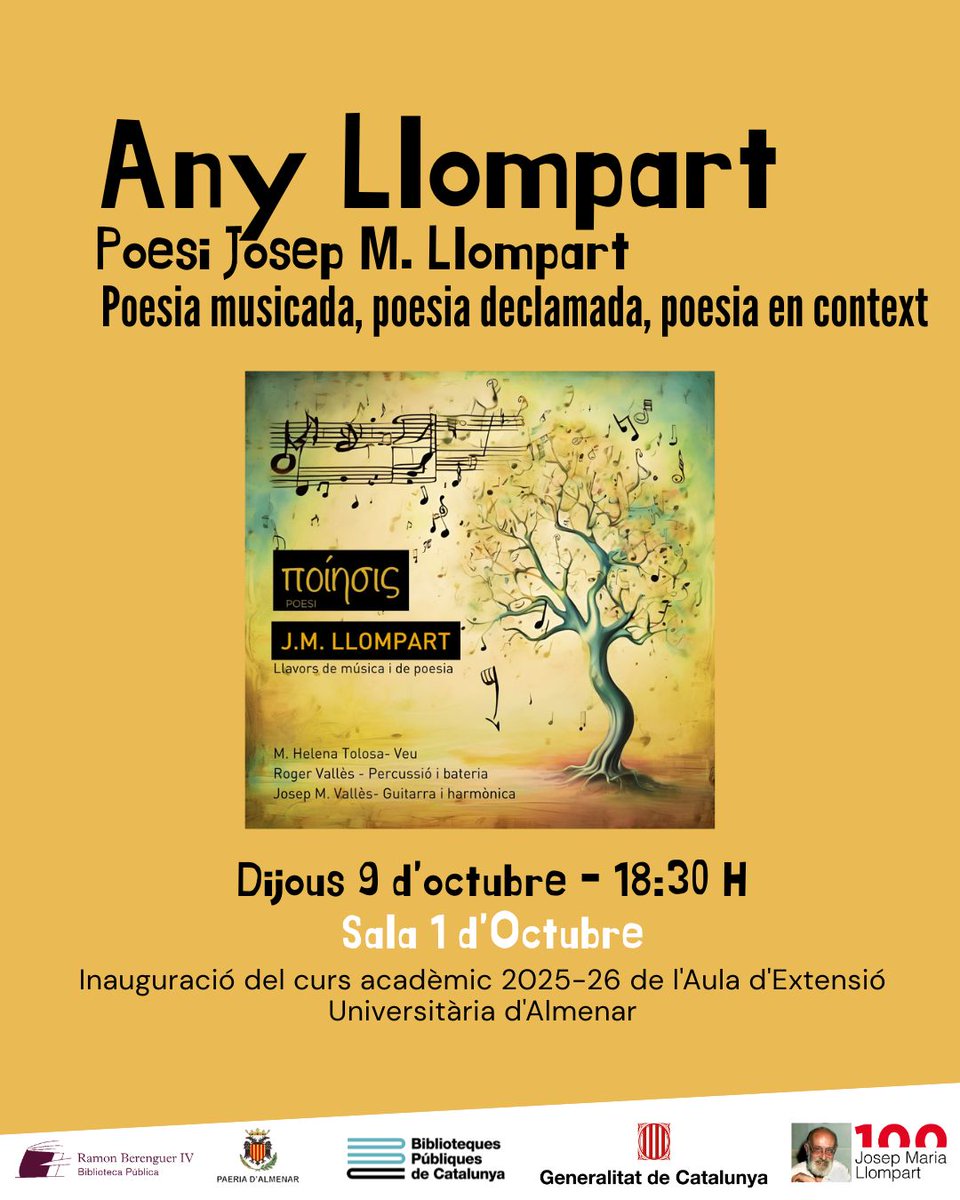 Dijous ens trobarem a la Sala 1 d'Octubre a les 18:30 hores per commemorar Josep M. Llompart
#AnyLlompart
<a href="/bibliotequescat/">Biblioteques</a> <a href="/lletres/">Lletres catalanes</a> <a href="/mhelenatolosa/">M. Helena Tolosa Costa</a>