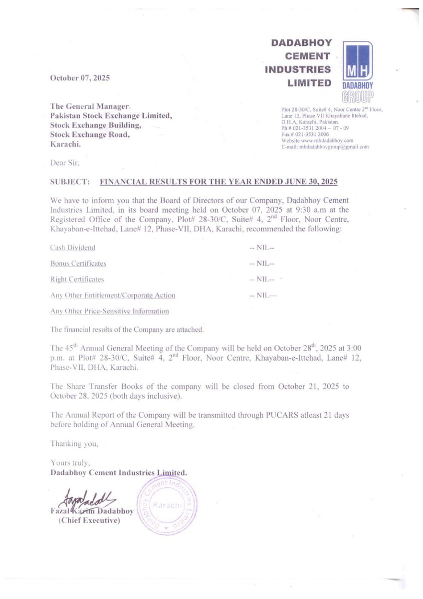 ChasePSXNotices's tweet photo. DBCI - Dadabhoy Cement Industries Limited Financial Results for the Year Ended 2025-06-30
#DBCLI #PSX #StockMarket #News https://t.co/EqeajUWeHo