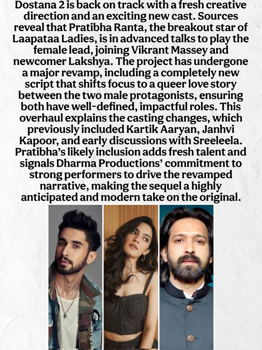 bolly_updates66's tweet image. #Dostana2 Revamped: #PratibhaRanta in Talks as Female Lead Amid Script Overhaul
Full Report 👇🏻.