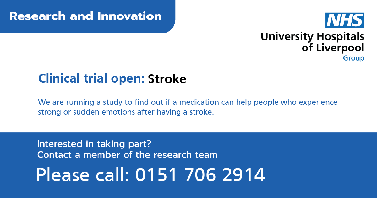 nhsUHLG_RI's tweet image. Clinical trial open: Stroke
Researchers at University Hospitals of Liverpool are studying whether a medication can help people who experience strong or sudden emotions after a stroke.
📞 If you’d like to know more, please call 0151 706 2914
#StrokeRecovery #NHSResearch