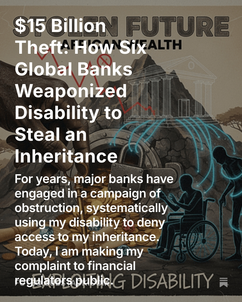 Christellenadia's tweet photo. Thread Not backing down against financial violence 

1/8

They used my #disability as a weapon.
I'm using the truth as mine.

After 5 years of financial violence, I'm taking my fight public.

Six major banks are stealing my $15 billion inheritance by weaponizing my disability.
🧵 https://t.co/UNUrSOE2nD