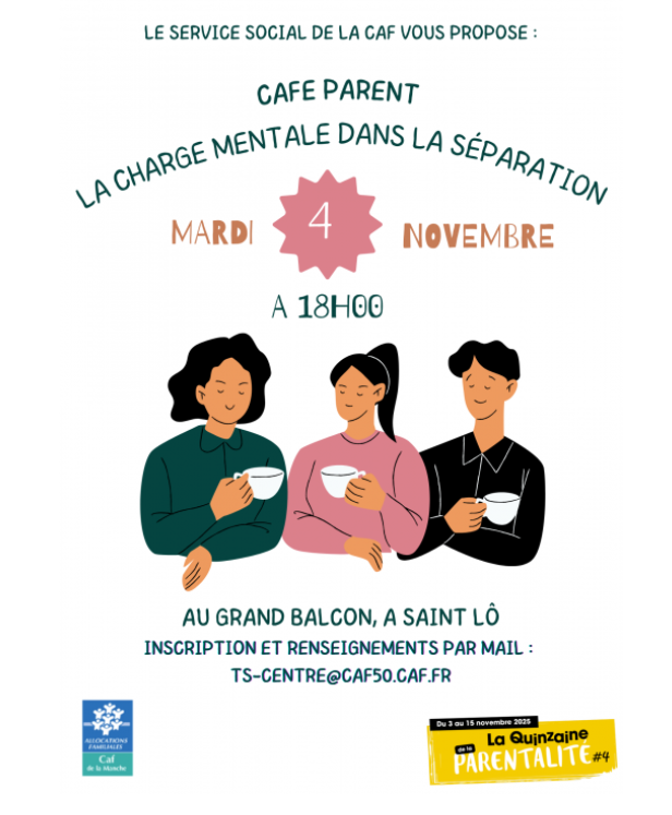 caf_manche's tweet photo. Pour cette 4ème édition de la Quinzaine de la Parentalité organisée par Saint-Lô Agglo, les travailleurs sociaux de la CAF organisent deux actions sur le thème de la séparation : un groupe de parole "Charge mentale dans la séparation" et un ciné-Papote. https://t.co/Ih47azPZkt