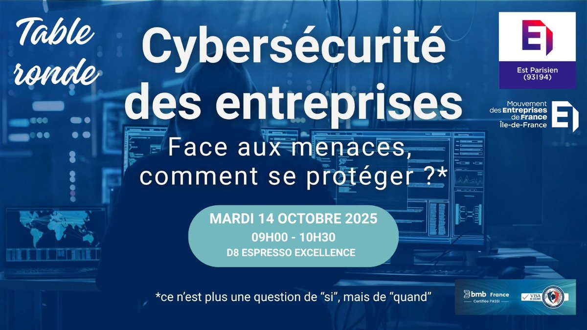 MEDEF Île-de-France (@medef_idf) on Twitter photo 🔐#Octobre, Mois de la #Cybersécurité
Les #cyberattaques se multiplient. Aucune #entreprise n’est à l’abri.
📢Participez à une #tableronde pour comprendre les menaces, se protéger, gérer la crise.
📅14.10 à 9h
Avec <a href="/UrgenceCyberIDF/">Urgence Cyber IDF</a>  
Inscription👉urlr.me/t89PGQ 🔐#Octobre, Mois de la #Cybersécurité
Les #cyberattaques se multiplient. Aucune #entreprise n’est à l’abri.
📢Participez à une #tableronde pour comprendre les menaces, se protéger, gérer la crise.
📅14.10 à 9h
Avec <a href="/UrgenceCyberIDF/">Urgence Cyber IDF</a>  
Inscription👉urlr.me/t89PGQ