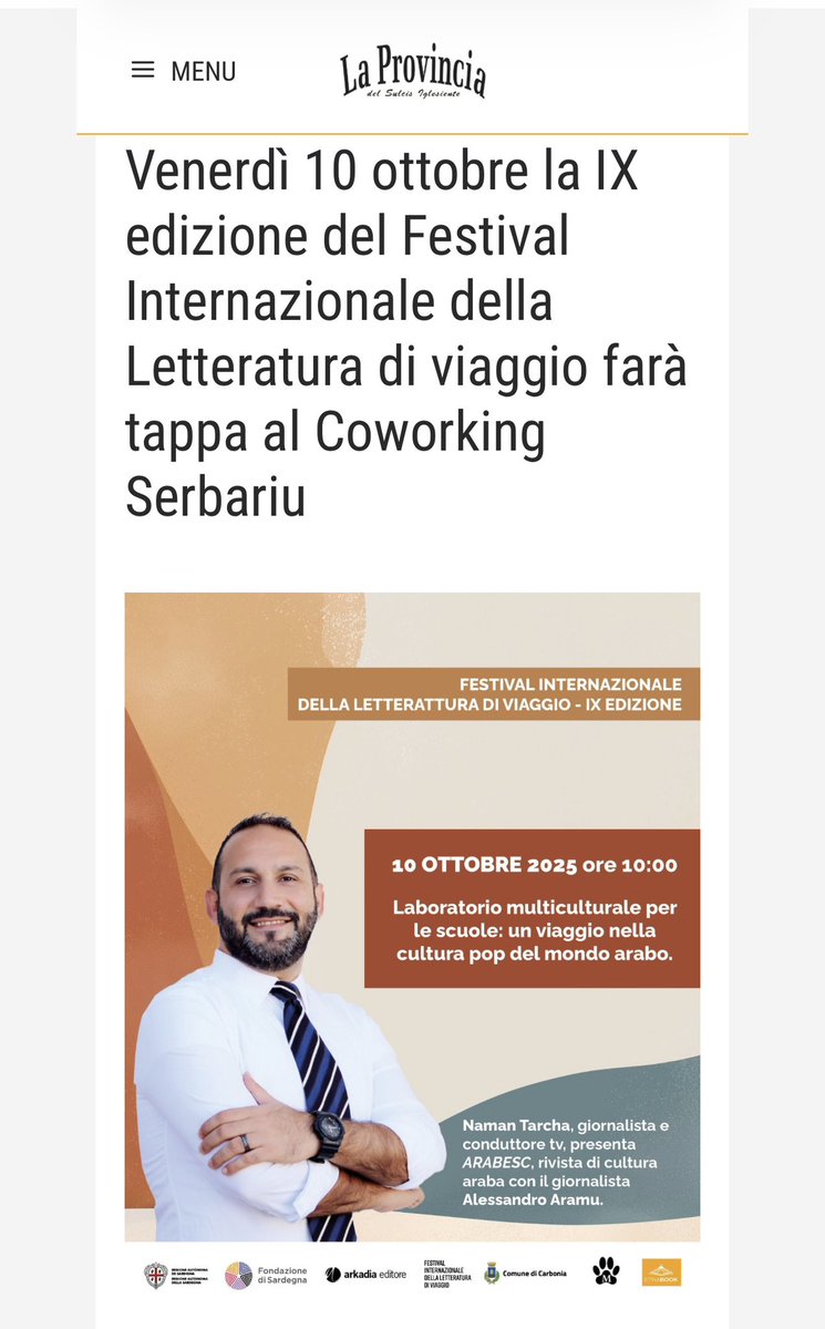 “Un viaggio nella cultura pop del mondo arabo” Laboratorio multiculturale per le scuole con Naman Tarcha, giornalista e conduttore tv, editore di <a href="/arabescmagazine/">Arabesc</a> 

laprovinciadelsulcisiglesiente.com/2025/10/venerd…