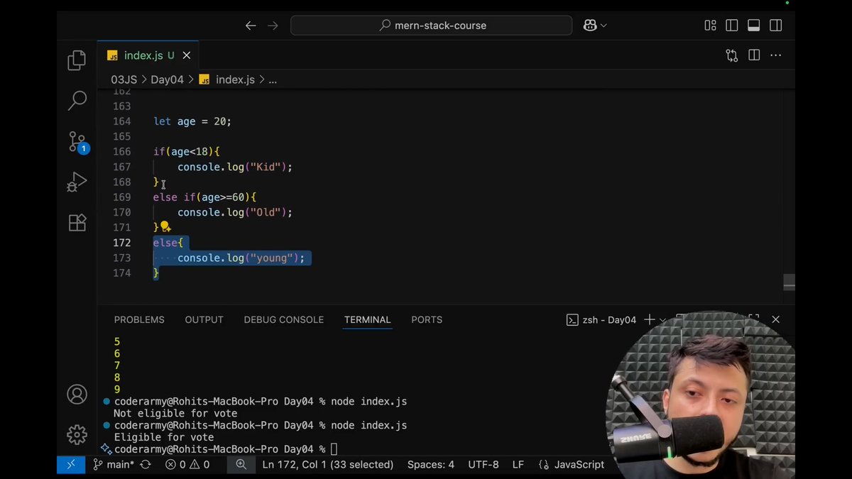 #Day19 Web development with
Rohit Negi Sir
 
Day 19 Complete....
Today Topics... 👇

✨Operators: Assignment, Arithmetic and Logical Operators 
✨if, else if, and else statements explained.
✨Looping System Explained.

 #coderArmy #mernstack #WebDevelopment #DefenseChallenge