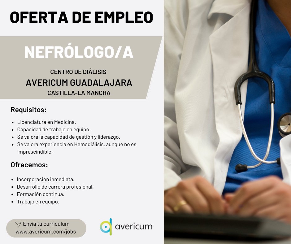 avericum's tweet image. 🛑 Oferta de Empleo 🛑
🩺 ¡Buscamos Nefrólogo/a para #AvericumGuadalajara!
📍 Ubicación: Guadalajara [Castilla-La Mancha].
📌 Incorporación inmediata.
📧 Envía tu CV: avericum.com/jobs
.
#Avericum #AvericumEmplea #OfertadeEmpleo #Nefrólogo #EmpleoNefrología #diálisis
