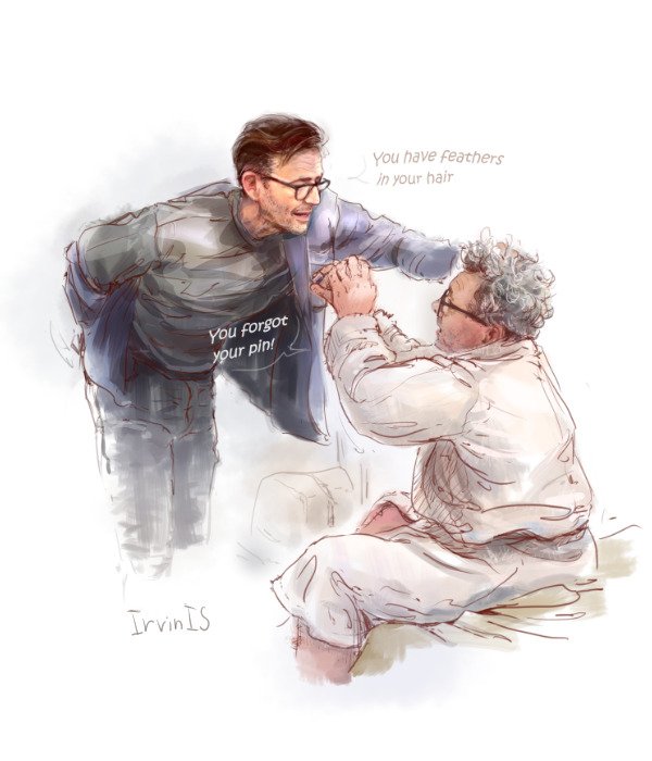 Hasty preparations.

Uh… why is this too big for me?.. ( Do you remember that oversized suit? 😉)
#michaelsheen #davidtennant #ineffablehusbands #sheennant #aziracrow #non-binarypin