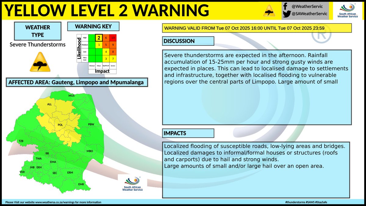 Yellow level 2 warning: Severe thunderstorms
Affected area: Limpopo
Validity period: 07 October 2025.
#saws #weatheroutlook #southafricanweather