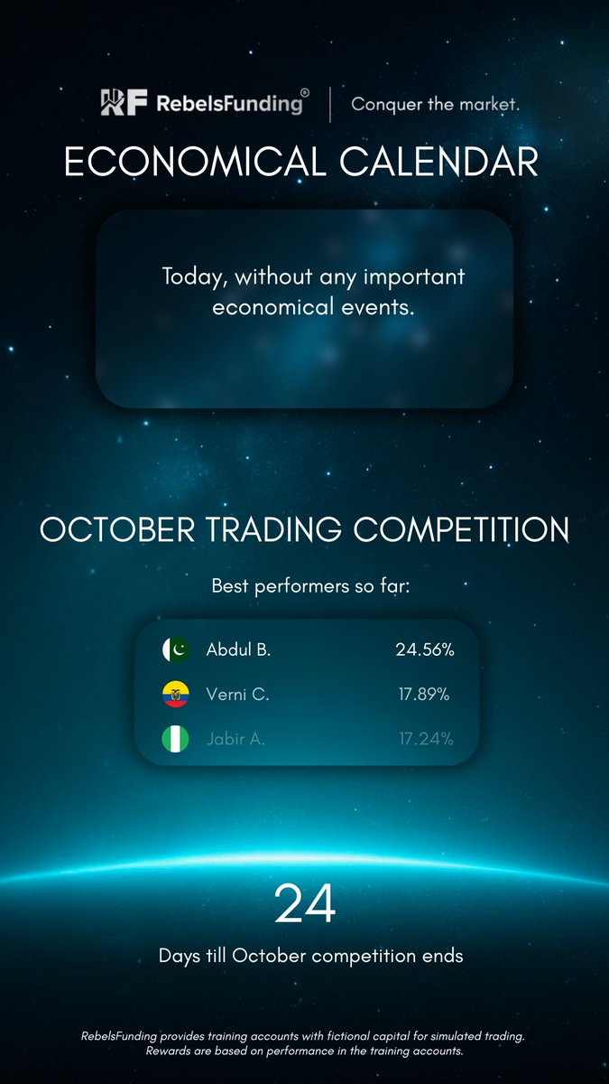 rebelsfunding's tweet photo. Hello Rebels, how are you? 

🗓ECONOMIC CALENDAR
Today, we don´t have scheduled any important economical events.

▶️OCTOBER TRADING COMPETITION
Days till the October competition ends: 24
🥇Best performance so far:  Abdul B. (24.56%)

📊JOIN REBELSFUNDING COMMUNITY
Our social medias: https://t.co/47LILmyY3U

Have a nice day with RebelsFunding!