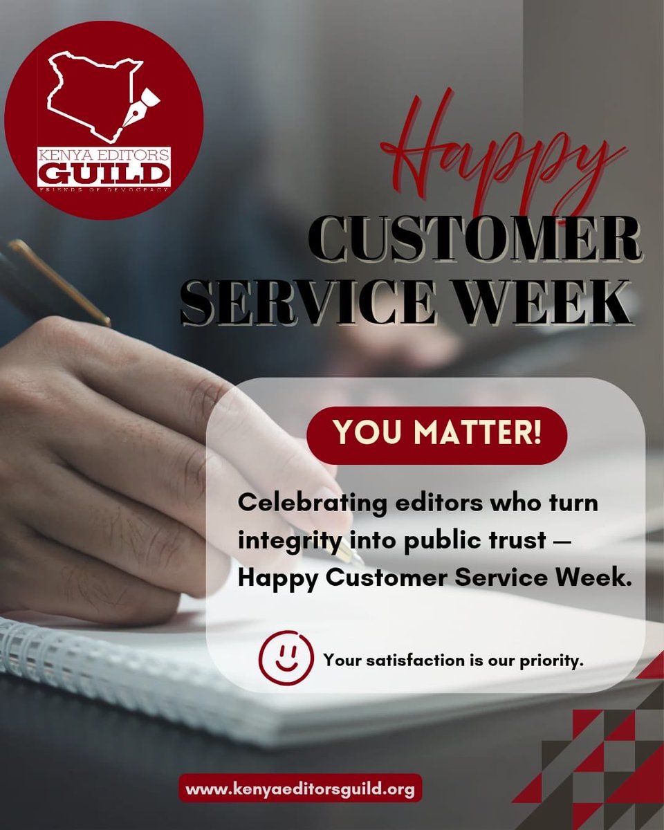 KenyaEditors's tweet photo. Happy Customer Service Week! We're celebrating the dedicated editors of the Kenya Editors Guild who work tirelessly to turn integrity into public trust. Your satisfaction is our priority.
#CustomerServiceWeek #KenyaEditorsGuild #PublicTrust #JournalismIntegrity https://t.co/FOsD71SOix