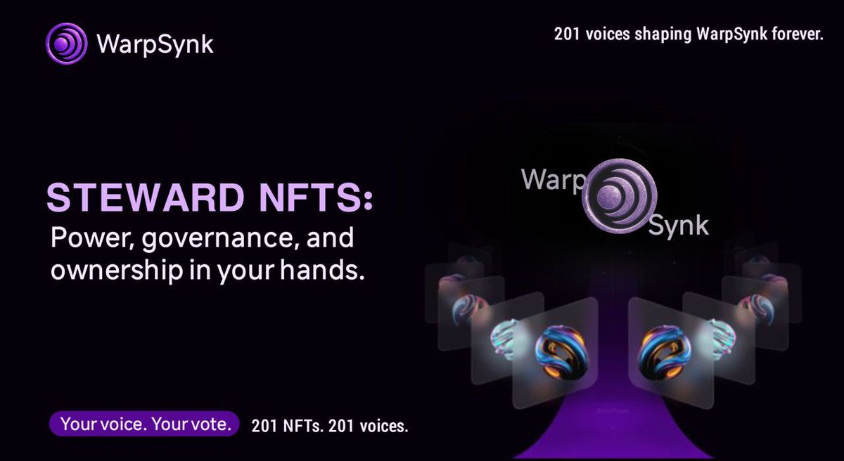 codegrain101's tweet image. WarpSynk Steward NFTs  Beyond Ownership, Into Governance
-----------------------------------------------
@WarpSynk Steward NFTs  Beyond Ownership, Into Governance

WarpSynk is introducing Steward NFTs, a next-gen digital identity designed to merge leadership, governance, and…