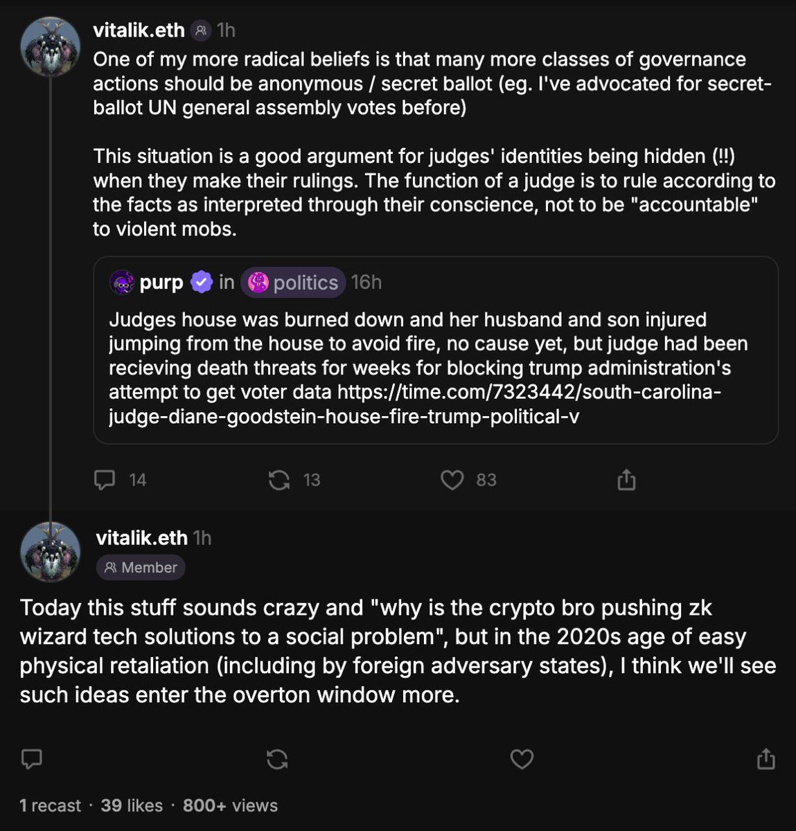 Screenshot of Vitalik Buterin's tweet discussing ZK anonymous voting for governance protection