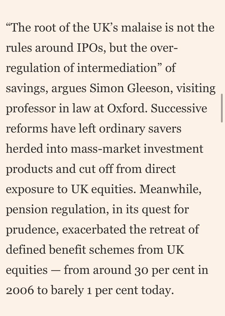 huwsteenis's tweet image. &quot;The root of the UK’s malaise is not the rules around IPOs, but the over-regulation of intermediation” of savings, argues Simon Gleeson, visiting Prof at Oxford

Successive reforms have left ordinary savers herded into mass-market investment products and cut off from direct

3/