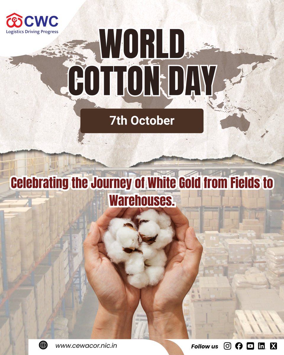 cwc_warehouse's tweet image. Happy World Cotton Day! 🌿

From fertile fields to our state-of-the-art warehouses, we ensure every bale is handled with care, safety, and trust.

#CWC #WorldCottonDay #WhiteGold #WarehousingIndia