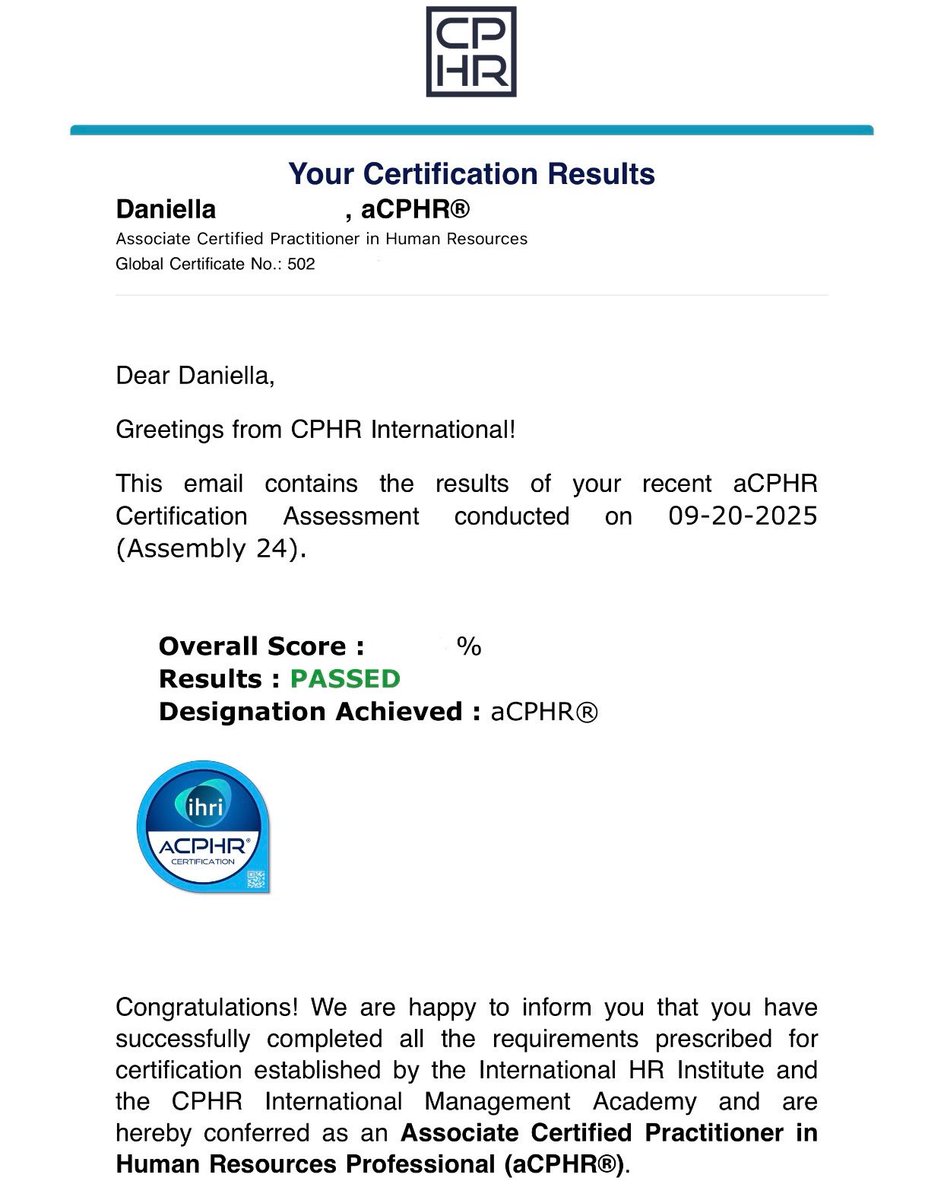 psychellad's tweet photo. grateful to have achieved my internationally accredited HR certification 🤍

took the #aCPHR last september 20 and passed 🥹 finally holding my certification kit today 💌

Dani, aCPHR — my first name extension 💫 https://t.co/sp2zd6J5tV