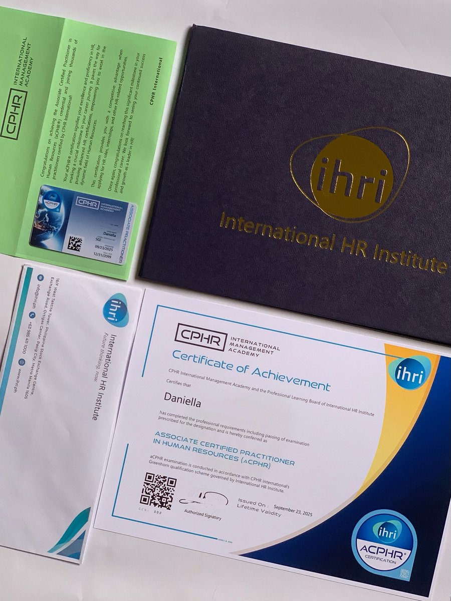 psychellad's tweet photo. grateful to have achieved my internationally accredited HR certification 🤍

took the #aCPHR last september 20 and passed 🥹 finally holding my certification kit today 💌

Dani, aCPHR — my first name extension 💫 https://t.co/sp2zd6J5tV