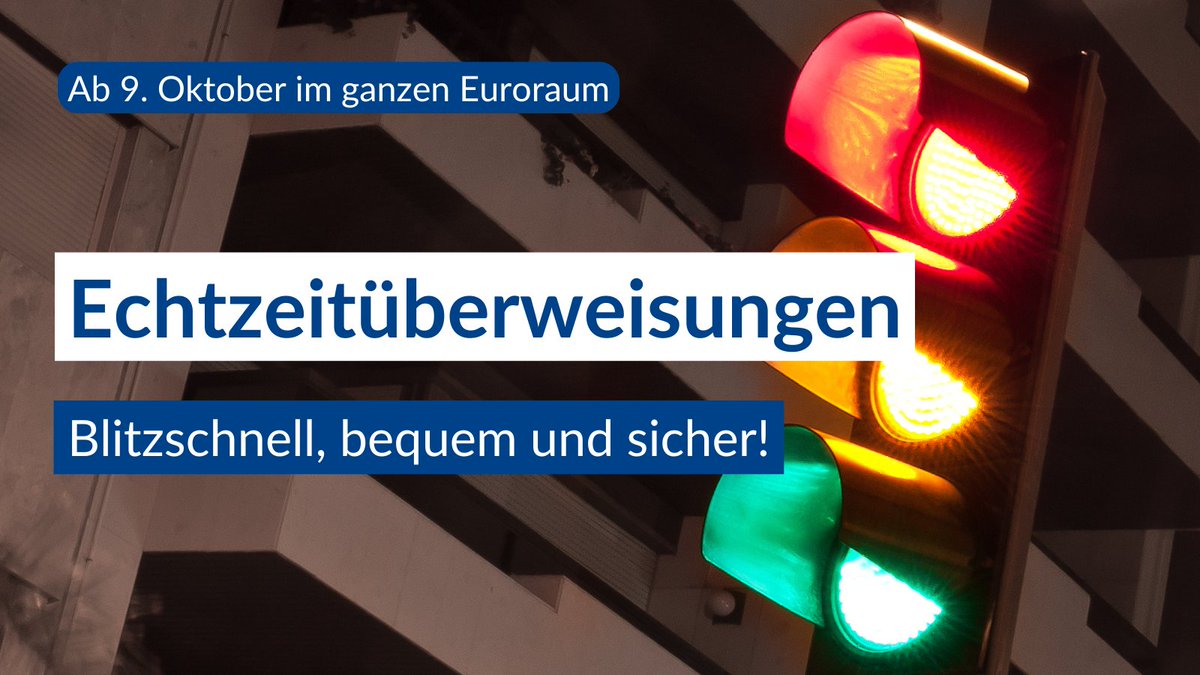 📢 Ab 9. Oktober müssen alle Banken im Euroraum SEPA-Echtzeitüberweisungen anbieten.

Vor jeder Überweisung wird geprüft, ob Name &amp; IBAN übereinstimmen. Der Namensabgleich funktioniert wie eine Ampel.  🟩= überweisen. 🟥= Daten kontrollieren . 

🔗 bit.ly/46lctpn