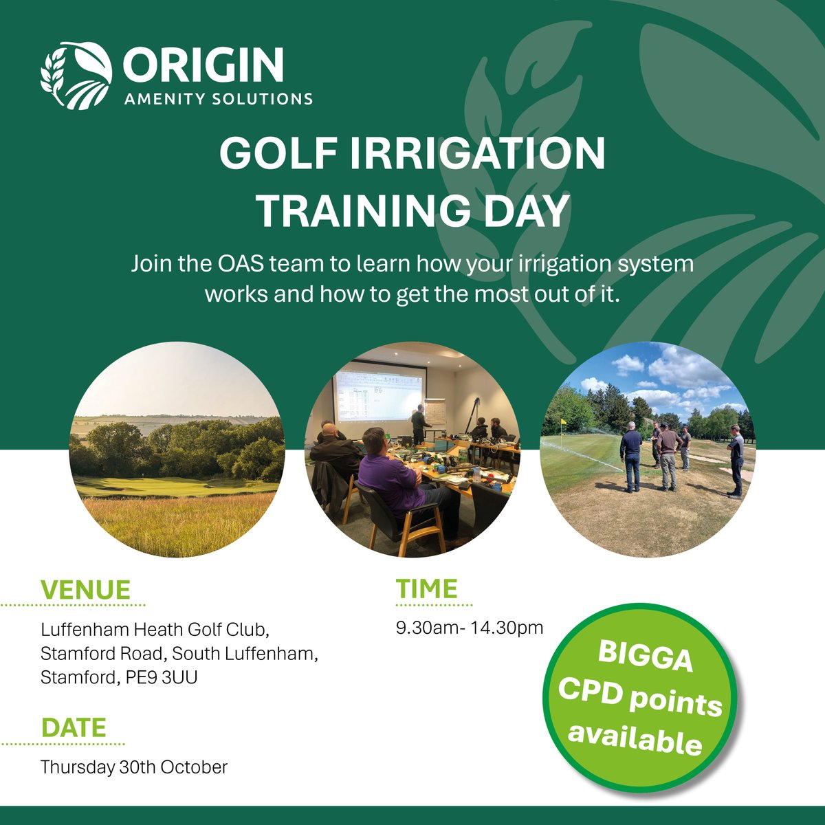OriginAmenity's tweet image. Join #OriginAmenitySolutions at our upcoming Golf Irrigation Training Day!

Taking place at @luffenhamheath, this training day will cover the fundamentals of an irrigation system and how you can make the most of yours.

Spaces are completely free, just click below to reserve your…