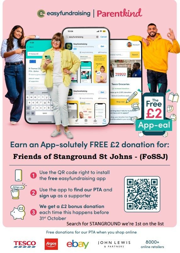 Stanground St John's CofE Primary School (@ssjprimarysch) on Twitter photo 📱💷 Earn a FREE £2 donation for Friends of Stanground St Johns (FoSSJ) just by installing the <a href="/easyuk/">easyfundraising</a> app!
1️⃣ Download via the QR code
2️⃣ Search STANGROUND and sign up
3️⃣ £2 goes straight to our PTA! 🙌
Let’s do this before 31st Oct! 🎉
#easyfundraising #FoSSJ 📱💷 Earn a FREE £2 donation for Friends of Stanground St Johns (FoSSJ) just by installing the <a href="/easyuk/">easyfundraising</a> app!
1️⃣ Download via the QR code
2️⃣ Search STANGROUND and sign up
3️⃣ £2 goes straight to our PTA! 🙌
Let’s do this before 31st Oct! 🎉
#easyfundraising #FoSSJ