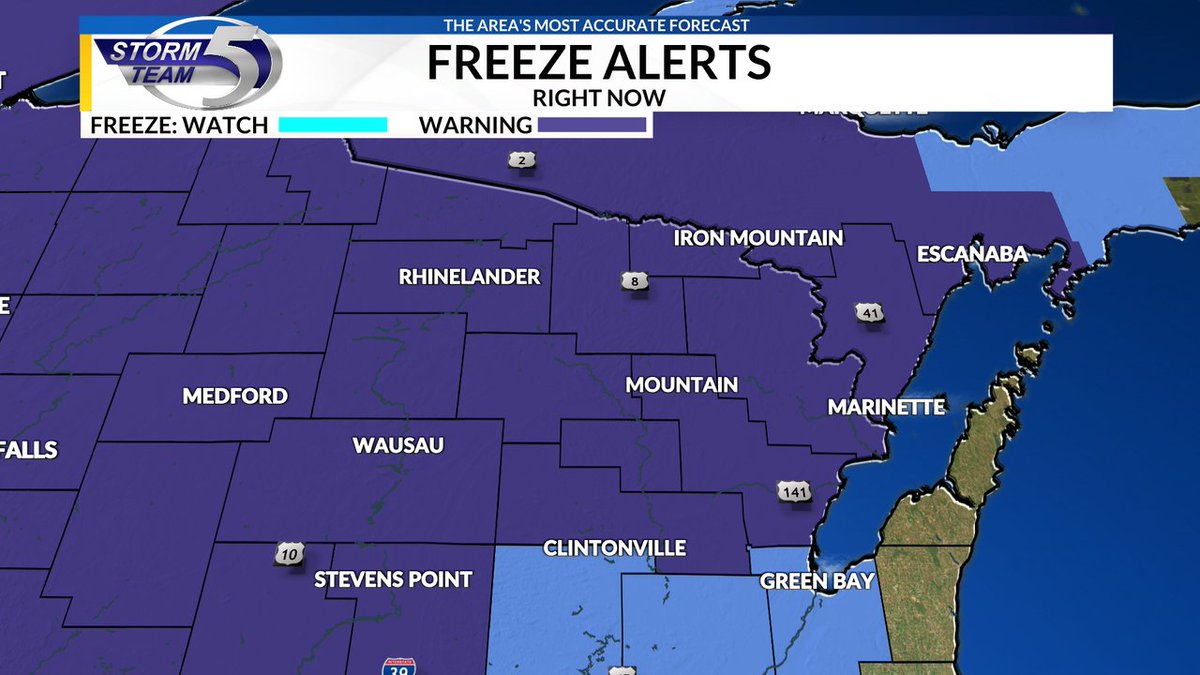 A Freeze Warning is in effect for Oneida, Marinette, Oconto, Lincoln, Vilas, Langlade, Menominee, Forest, Florence county until Oct 08 9:00AM. Go to the Storm Team 5 App for more information.