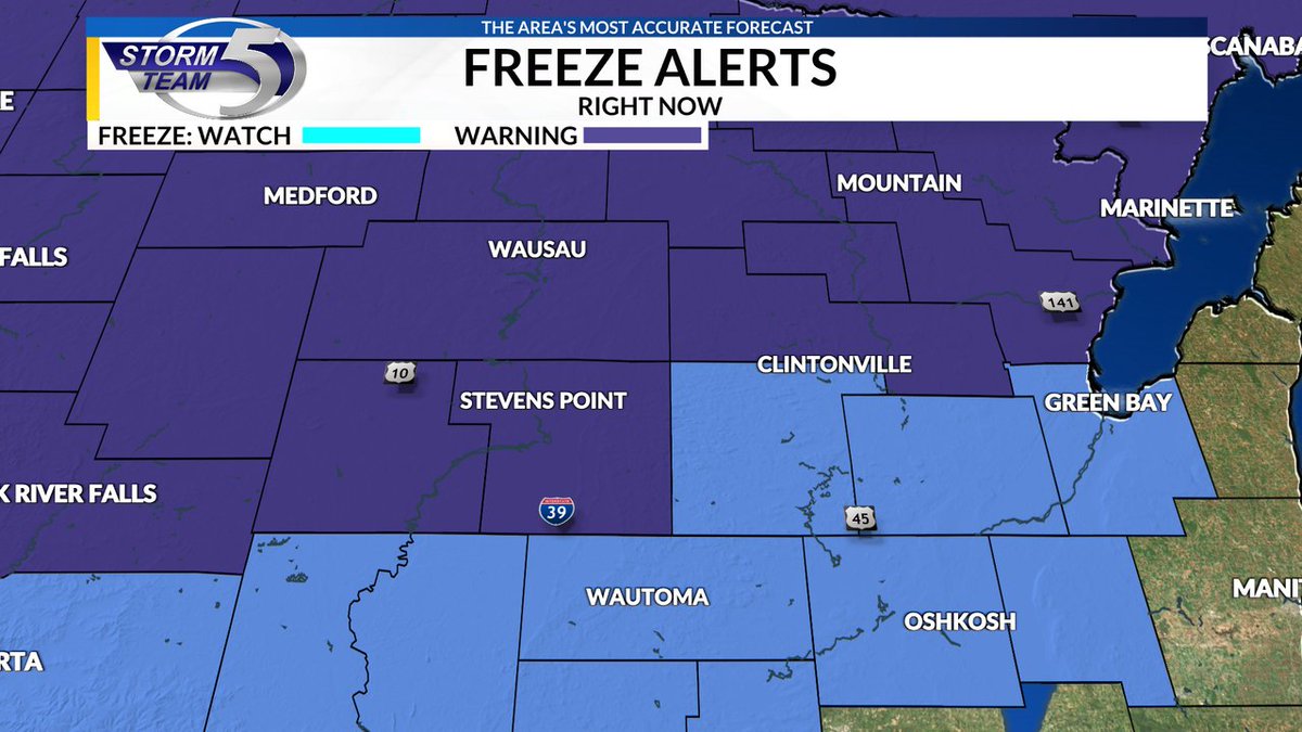 A Freeze Warning is in effect for Marathon, Wood, Portage, Shawano county until Oct 08 9:00AM. Go to the Storm Team 5 App for more information.