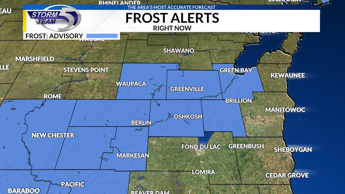 A Frost Advisory is in effect for Brown, Outagamie, Winnebago, Waupaca, Calumet, Waushara counties until Oct 08 9:00AM. Go to the Storm Team 5 App for more information.