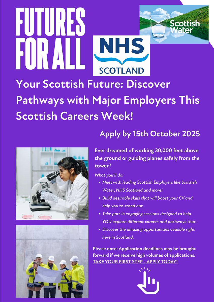 Futures For All are offering a free 3-day remote work experience for students. This virtual placement connects young people with leading employers like the NHS &amp; Scottish Water.
12th-14th November 2025, 9.30-3pm
Apply by 15th October 2025
apply here: 👉finder.futuresforall.org/opportunity-de…